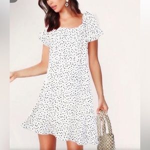 LOFT White Black Polka Dot Linen Blend Puff Sleeve Cut-Out Tie Back Flare Dress